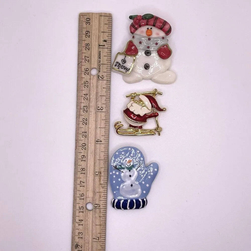 Christmas Brooches Pins Set of 3 Snowmen Santa Red White Blue Enamel Clay Resin